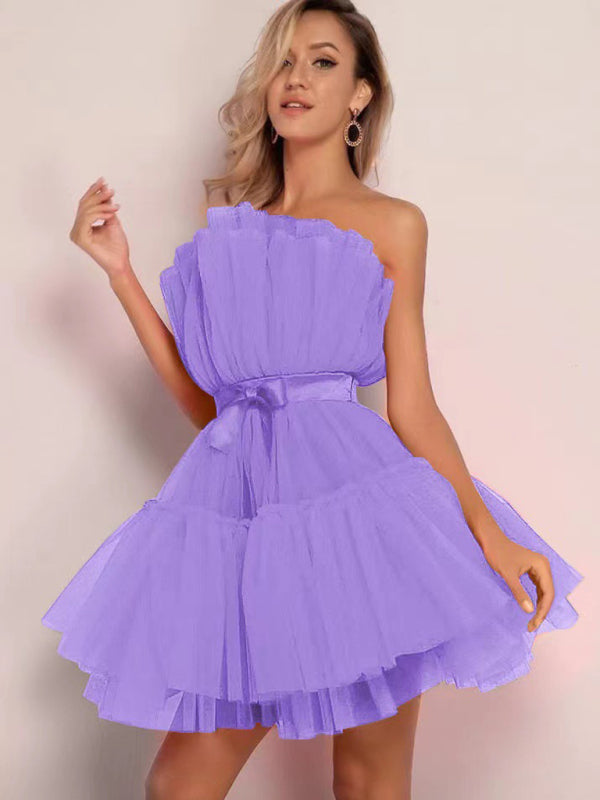 Strapless Mesh Mini Dress with Bow Waist Mini Dresses MyDresses Purple 8 | S 