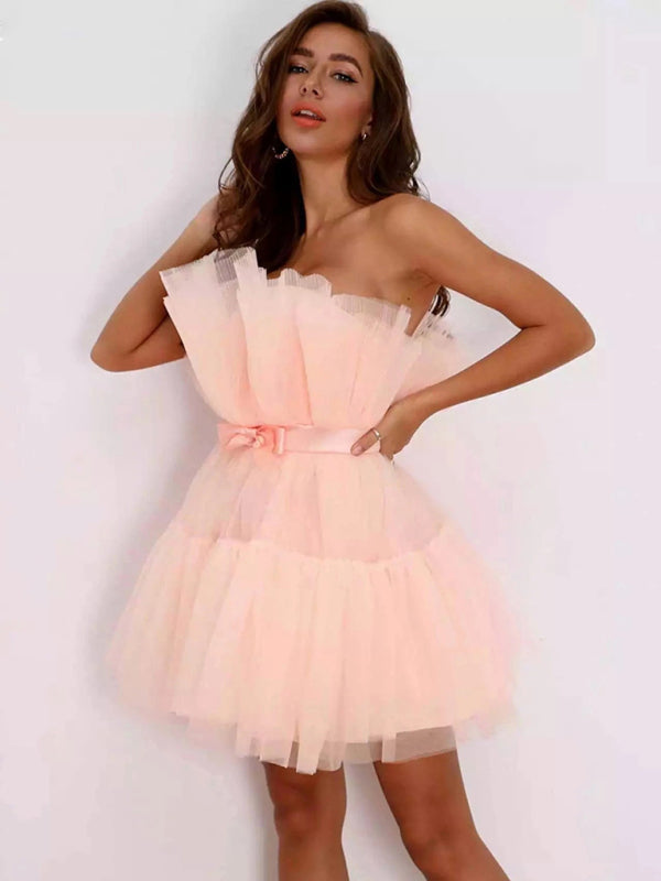 Strapless Mesh Mini Dress with Bow Waist Mini Dresses MyDresses Pink 8 | S 