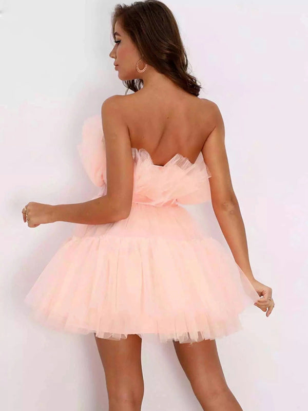 Strapless Mesh Mini Dress with Bow Waist Mini Dresses MyDresses 