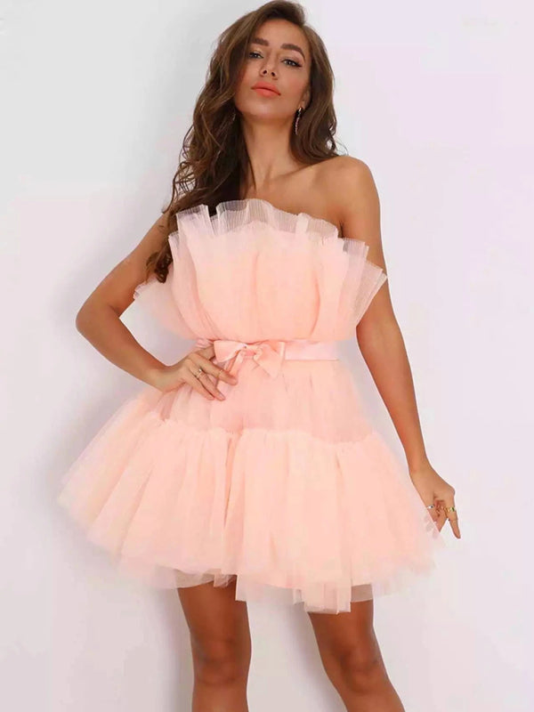 Strapless Mesh Mini Dress with Bow Waist Mini Dresses MyDresses 