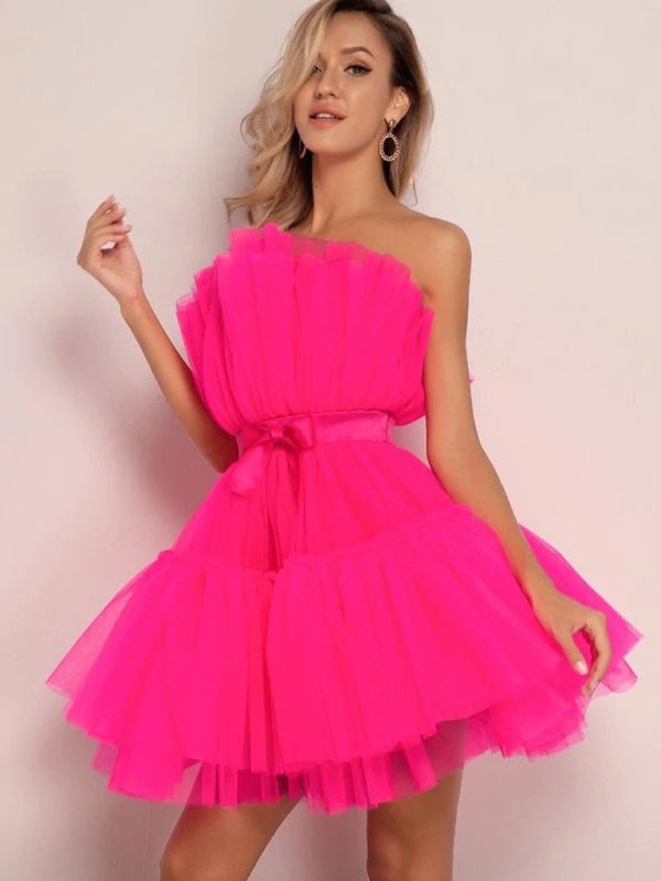 Strapless Mesh Mini Dress with Bow Waist Mini Dresses MyDresses Rose 8 | S 