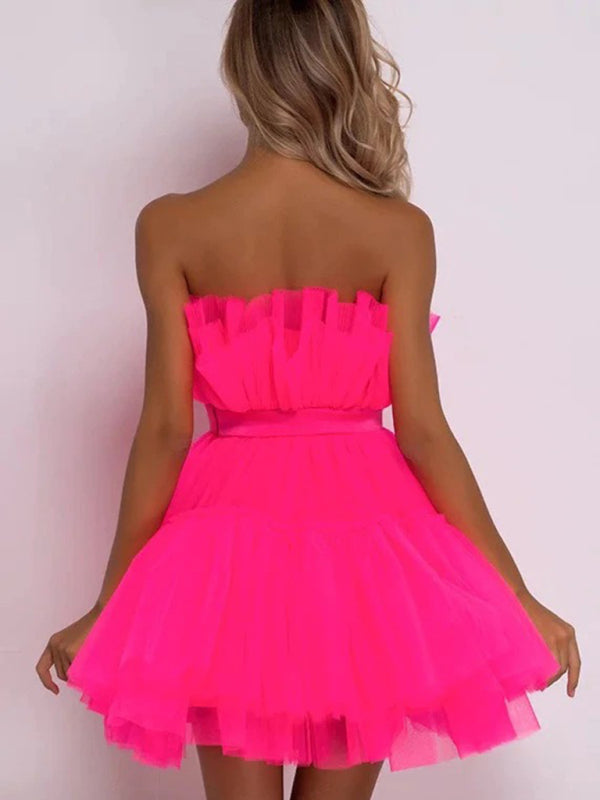 Strapless Mesh Mini Dress with Bow Waist Mini Dresses MyDresses 