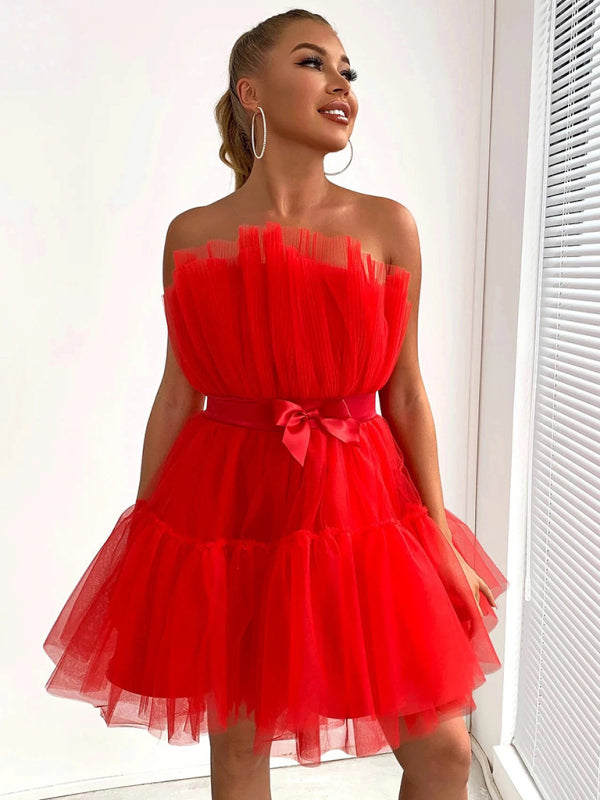 Strapless Mesh Mini Dress with Bow Waist Mini Dresses MyDresses 