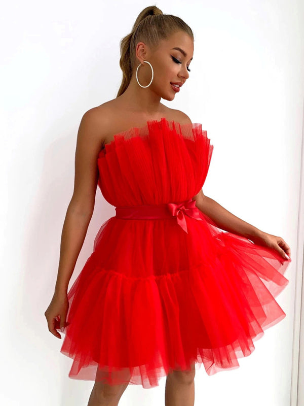 Strapless Mesh Mini Dress with Bow Waist Mini Dresses MyDresses Red 8 | S 