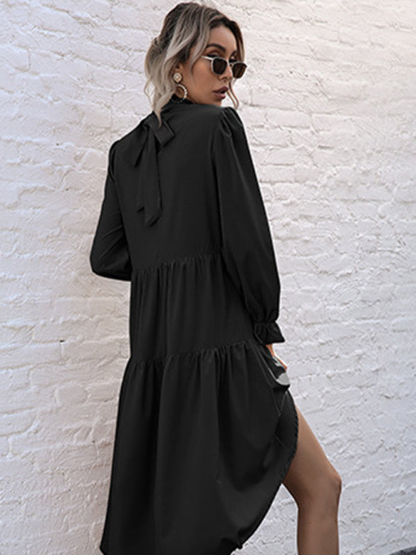 High-Low Hem Long Sleeve Dress with Half Turtleneck Midi Dresses MyDresses 