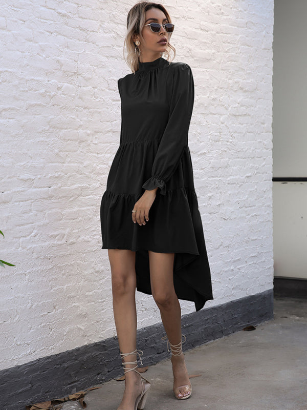 High-Low Hem Long Sleeve Dress with Half Turtleneck Midi Dresses MyDresses 