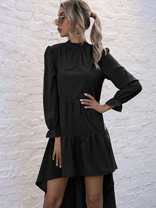 High-Low Hem Long Sleeve Dress with Half Turtleneck Midi Dresses MyDresses 