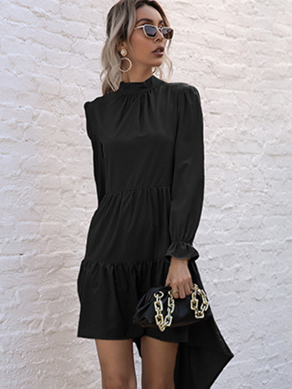 High-Low Hem Long Sleeve Dress with Half Turtleneck Midi Dresses MyDresses Black 8 | S 