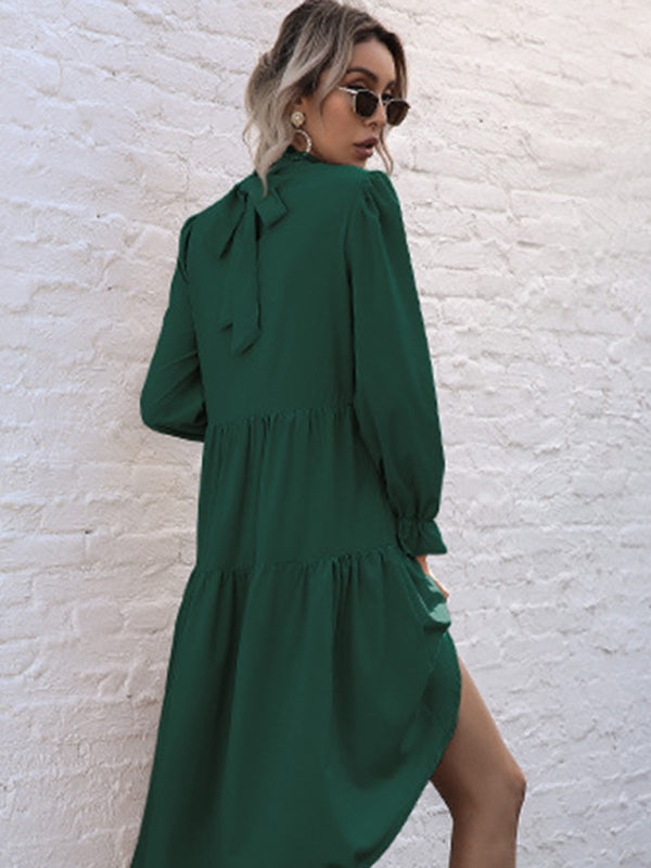 High-Low Hem Long Sleeve Dress with Half Turtleneck Midi Dresses MyDresses 