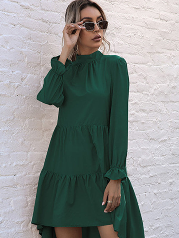 High-Low Hem Long Sleeve Dress with Half Turtleneck Midi Dresses MyDresses 
