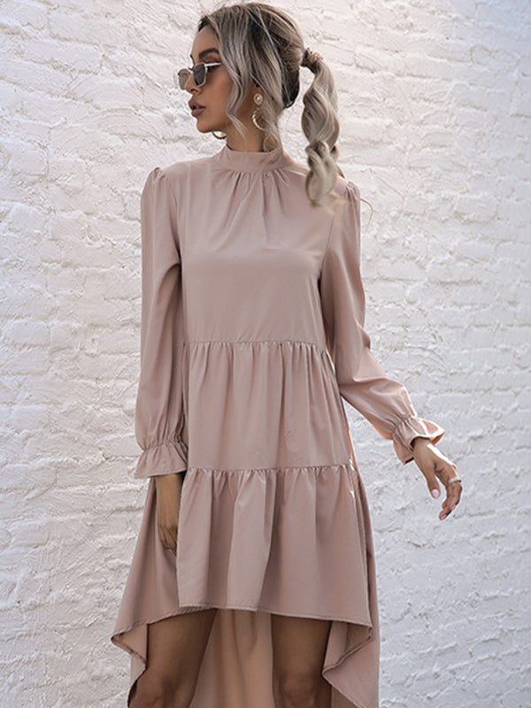 High-Low Hem Long Sleeve Dress with Half Turtleneck Midi Dresses MyDresses 