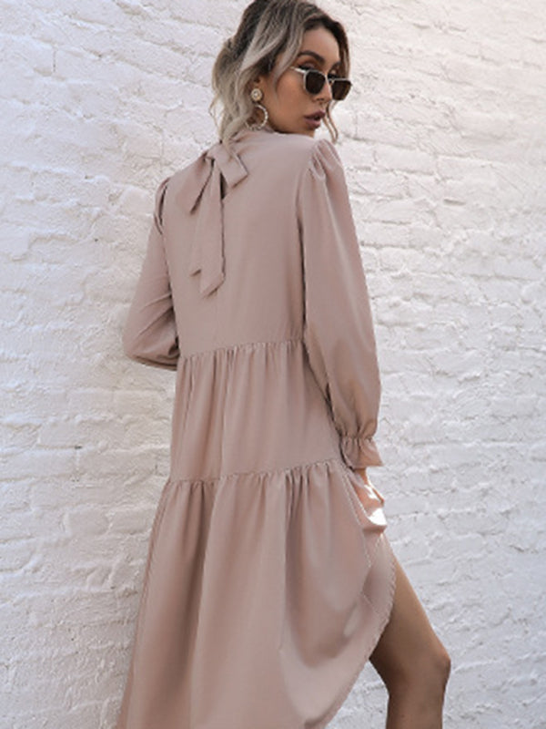 High-Low Hem Long Sleeve Dress with Half Turtleneck Midi Dresses MyDresses 