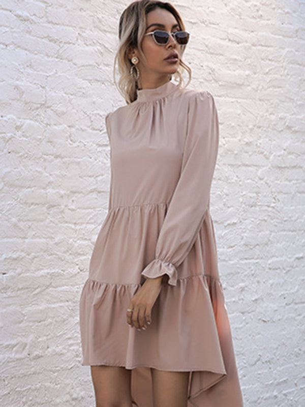 High-Low Hem Long Sleeve Dress with Half Turtleneck Midi Dresses MyDresses 