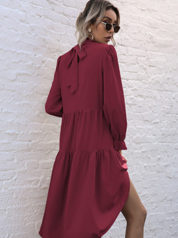 High-Low Hem Long Sleeve Dress with Half Turtleneck Midi Dresses MyDresses 