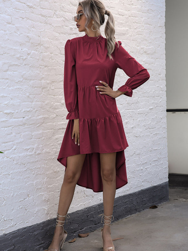 High-Low Hem Long Sleeve Dress with Half Turtleneck Midi Dresses MyDresses 