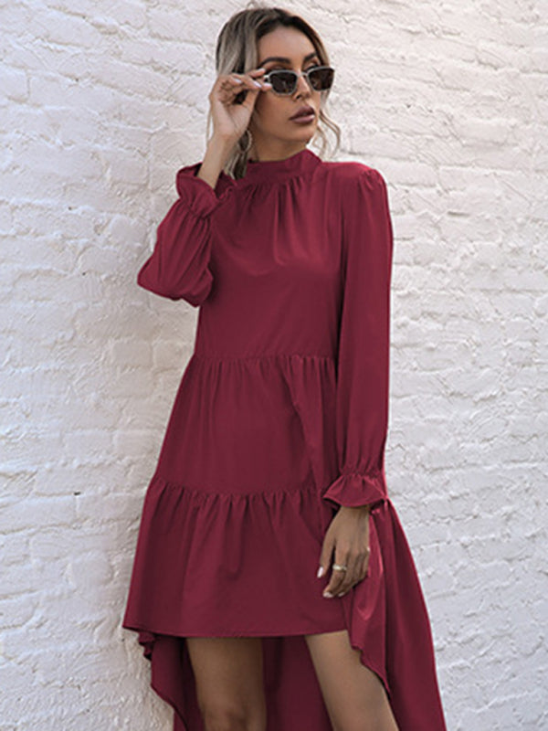 High-Low Hem Long Sleeve Dress with Half Turtleneck Midi Dresses MyDresses 