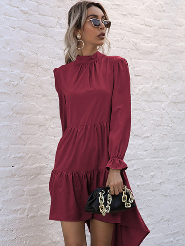 High-Low Hem Long Sleeve Dress with Half Turtleneck Midi Dresses MyDresses 