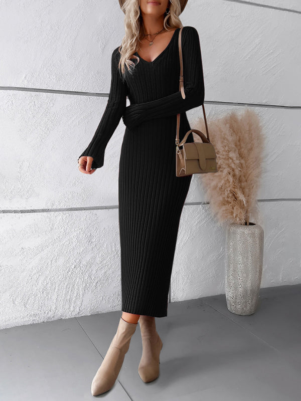 V-neck Ribbed Knit Midi Dress with Long Sleeves Midi Dresses MyDresses 