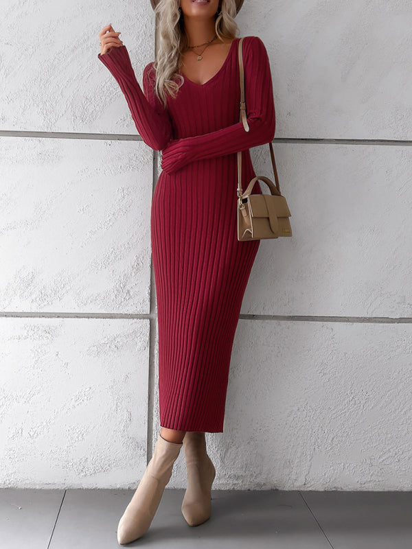 V-neck Ribbed Knit Midi Dress with Long Sleeves Midi Dresses MyDresses 