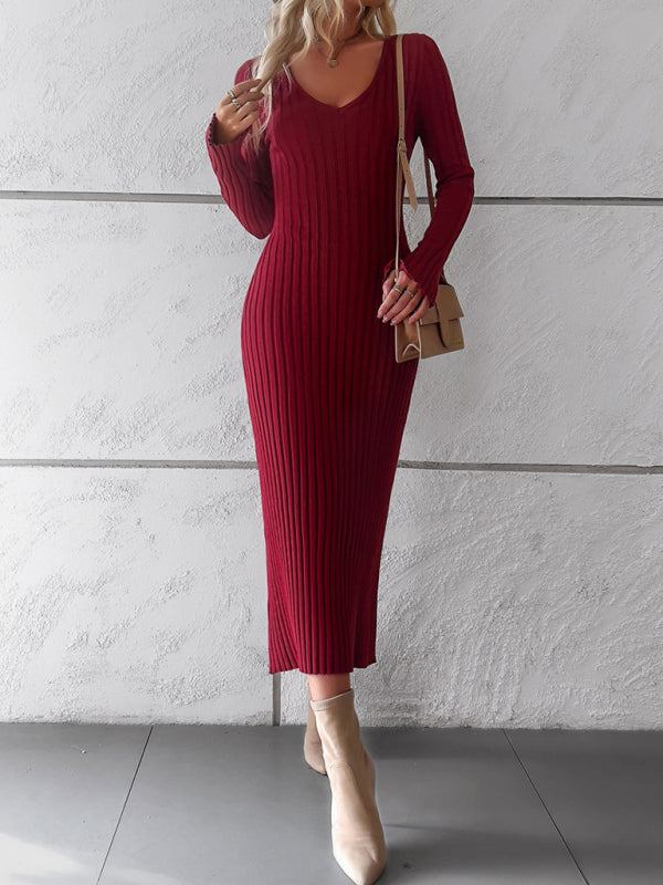 V-neck Ribbed Knit Midi Dress with Long Sleeves Midi Dresses MyDresses Red 8 | S 