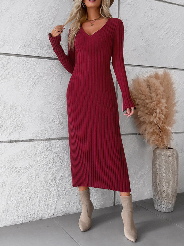 V-neck Ribbed Knit Midi Dress with Long Sleeves Midi Dresses MyDresses 