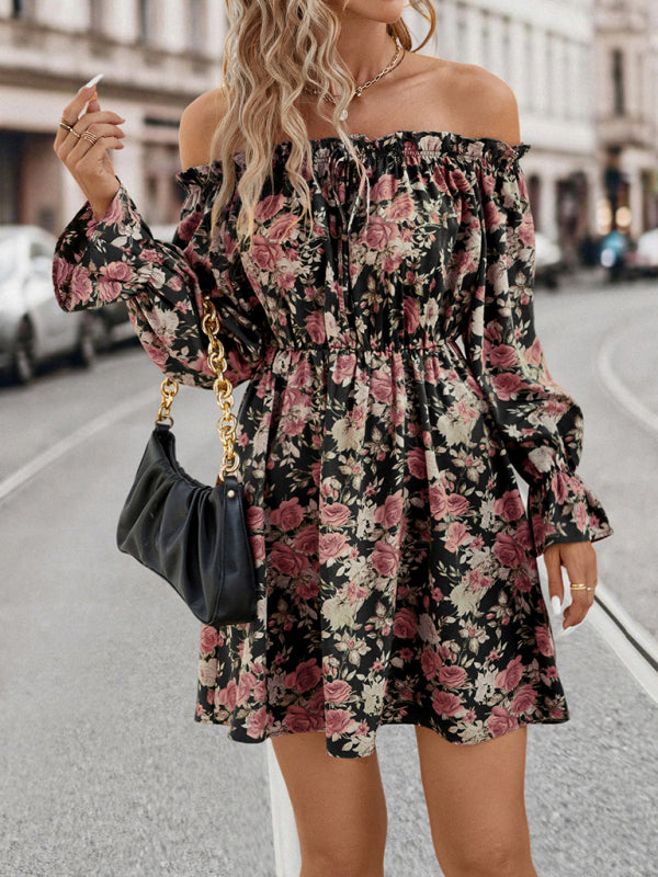 Off-Shoulder Floral Print Mini Dress with Ruffled Neckline Group4 MyDresses