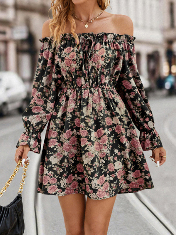 Off-Shoulder Floral Print Mini Dress with Ruffled Neckline Group4 MyDresses Black 8 | S
