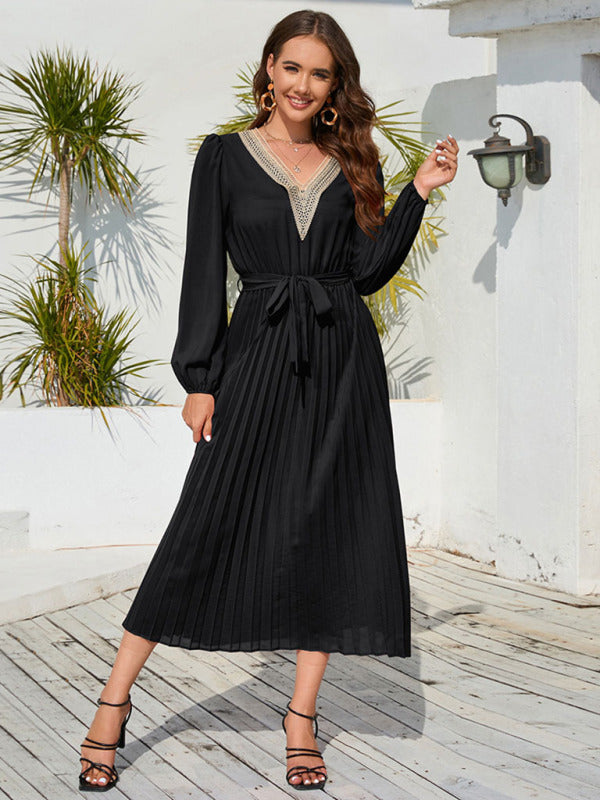 V-neck Lace Mid-length Dress with Pleated A-line Skirt Midi Dresses MyDresses Black 8 | S 