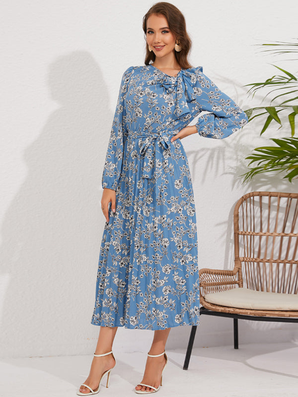 Floral Print Midi Dress with Retro Bow and Pleated Design Midi Dresses MyDresses 
