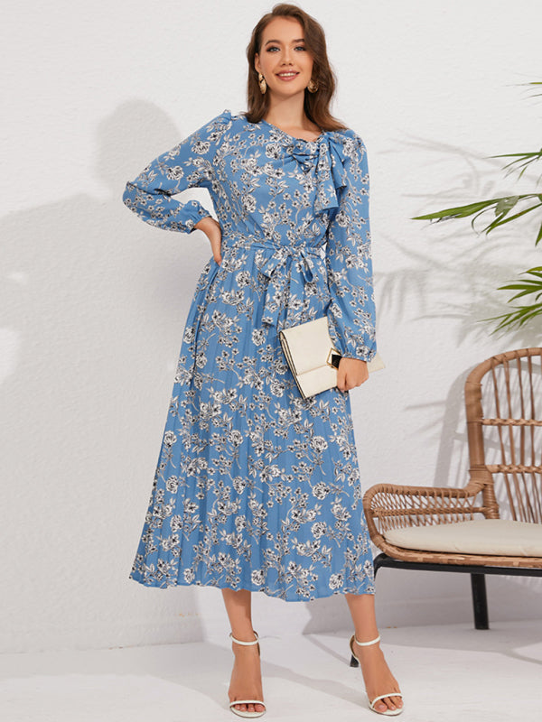 Floral Print Midi Dress with Retro Bow and Pleated Design Midi Dresses MyDresses Blue 8 | S 
