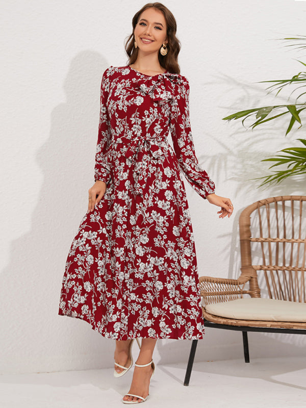 Floral Print Midi Dress with Retro Bow and Pleated Design Midi Dresses MyDresses 