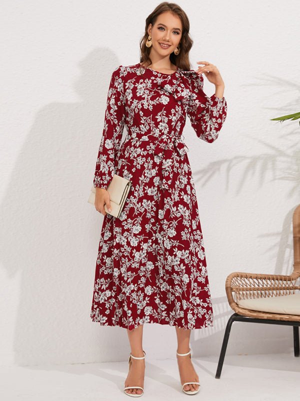 Floral Print Midi Dress with Retro Bow and Pleated Design Midi Dresses MyDresses Red 8 | S 
