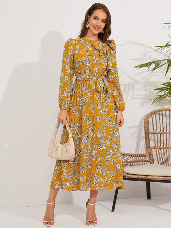 Floral Print Midi Dress with Retro Bow and Pleated Design Midi Dresses MyDresses 
