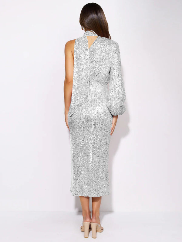 One-Shoulder Sequin Midi Dress with Slit and Long Sleeve Midi Dresses MyDresses 