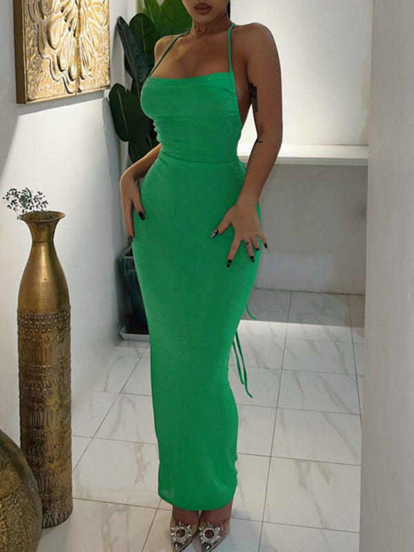 Backless Maxi Dress with Halter Neck and Strappy Detail Group4 MyDresses Green 8 | S