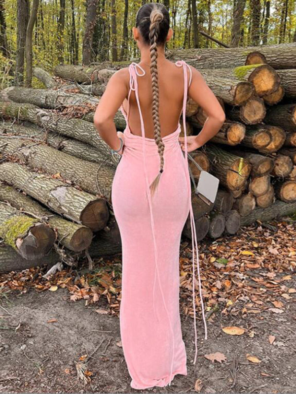 Backless Maxi Dress with Halter Neck and Strappy Detail Group4 MyDresses Pastel pink 8 | S