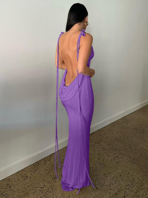 Backless Maxi Dress with Halter Neck and Strappy Detail Group4 MyDresses Purple 8 | S