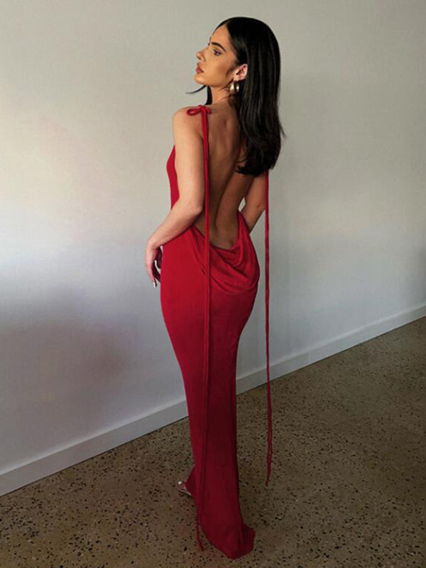 Backless Maxi Dress with Halter Neck and Strappy Detail Group4 MyDresses Red 8 | S