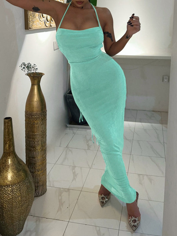 Backless Maxi Dress with Halter Neck and Strappy Detail Group4 MyDresses Sky blue azure 8 | S
