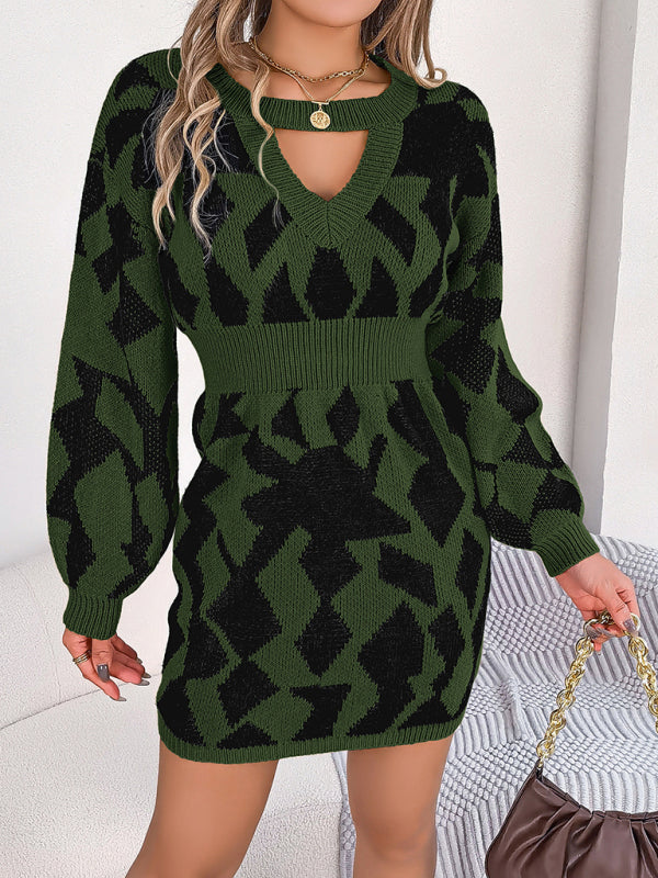 Geometric Print Mini Sweater Dress with Hollow Lantern Sleeves Group2 MyDresses Green 8 | S