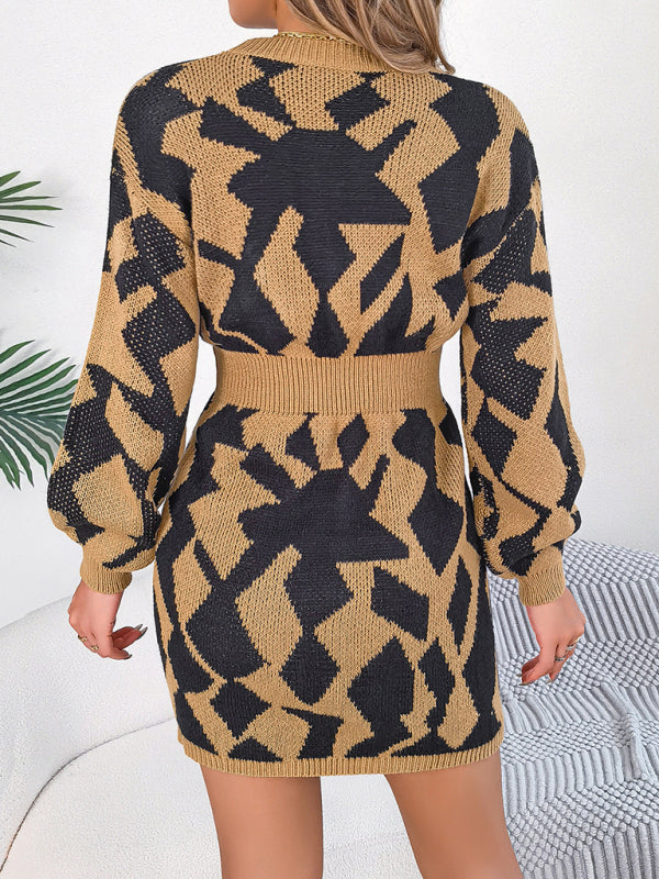 Geometric Print Mini Sweater Dress with Hollow Lantern Sleeves Group2 MyDresses