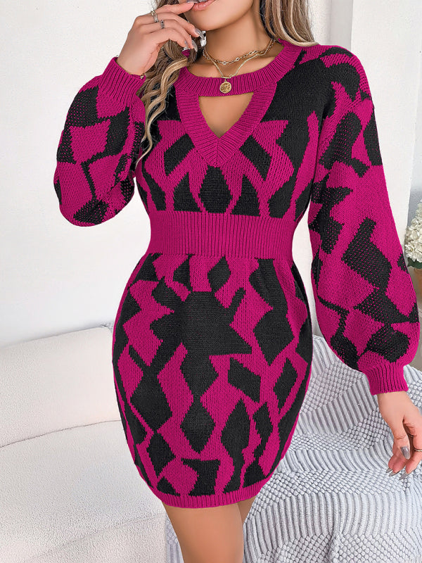 Geometric Print Mini Sweater Dress with Hollow Lantern Sleeves Group2 MyDresses