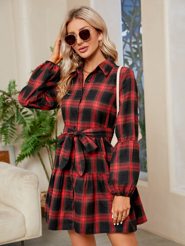 Plaid Babydoll Dress with Button-Down Front and Waist-Tie Group8 MyDresses