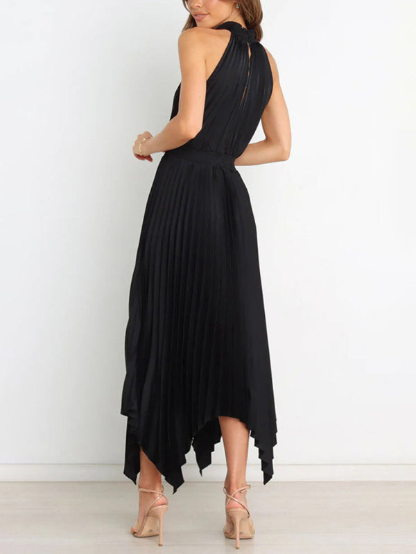 Halterneck Pleated Skirt Dress with Irregular Hem Midi Dresses MyDresses 