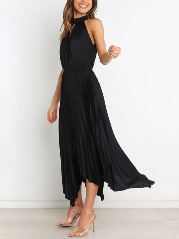 Halterneck Pleated Skirt Dress with Irregular Hem Midi Dresses MyDresses 