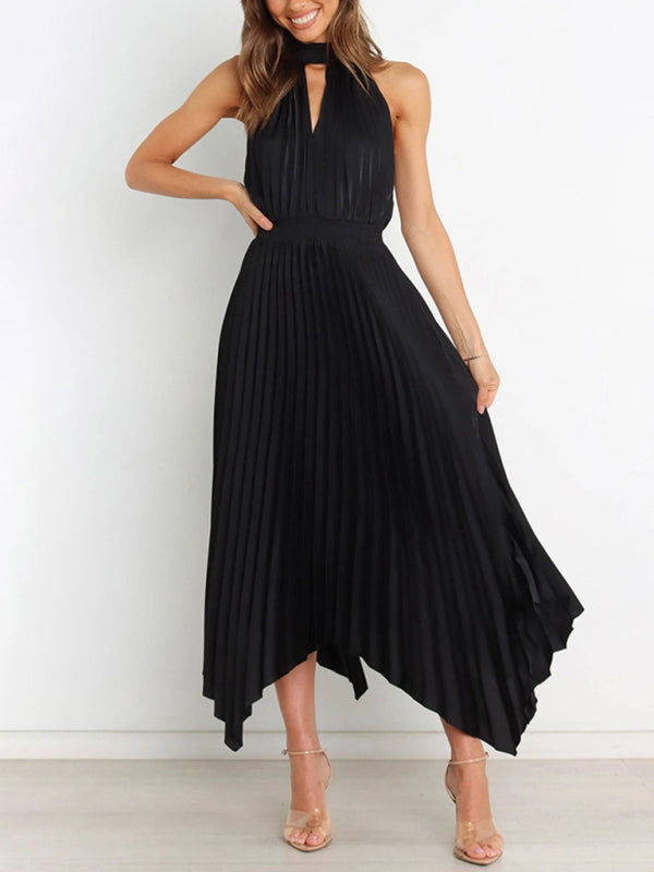 Halterneck Pleated Skirt Dress with Irregular Hem Midi Dresses MyDresses Black 8 | S 
