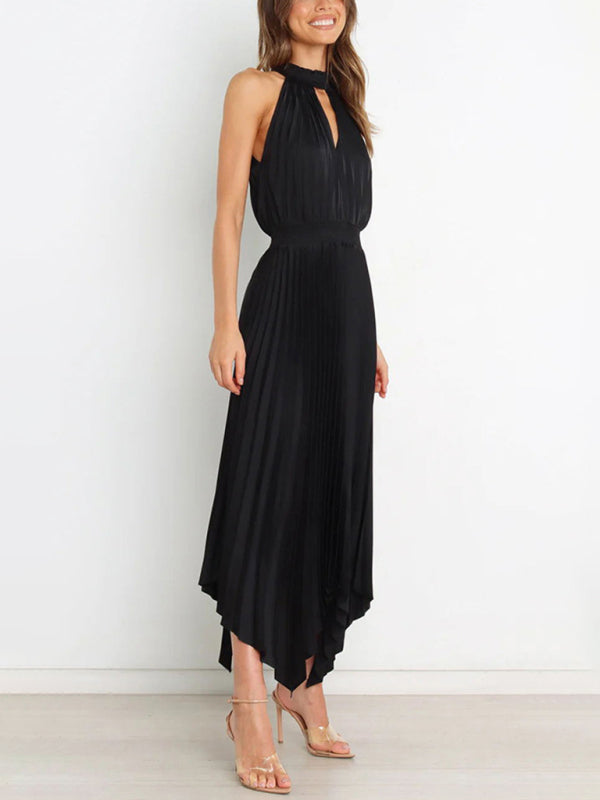 Halterneck Pleated Skirt Dress with Irregular Hem Midi Dresses MyDresses 