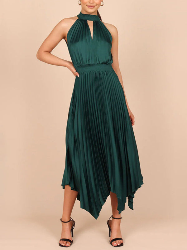 Halterneck Pleated Skirt Dress with Irregular Hem Midi Dresses MyDresses Green 8 | S 