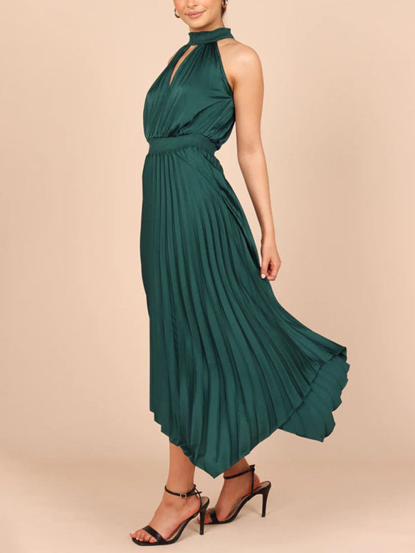 Halterneck Pleated Skirt Dress with Irregular Hem Midi Dresses MyDresses 