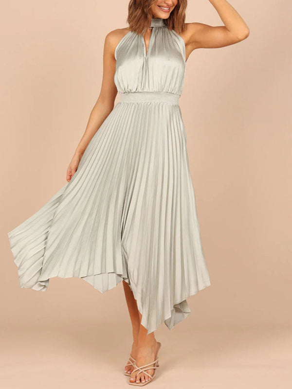 Halterneck Pleated Skirt Dress with Irregular Hem Midi Dresses MyDresses Grey 8 | S 
